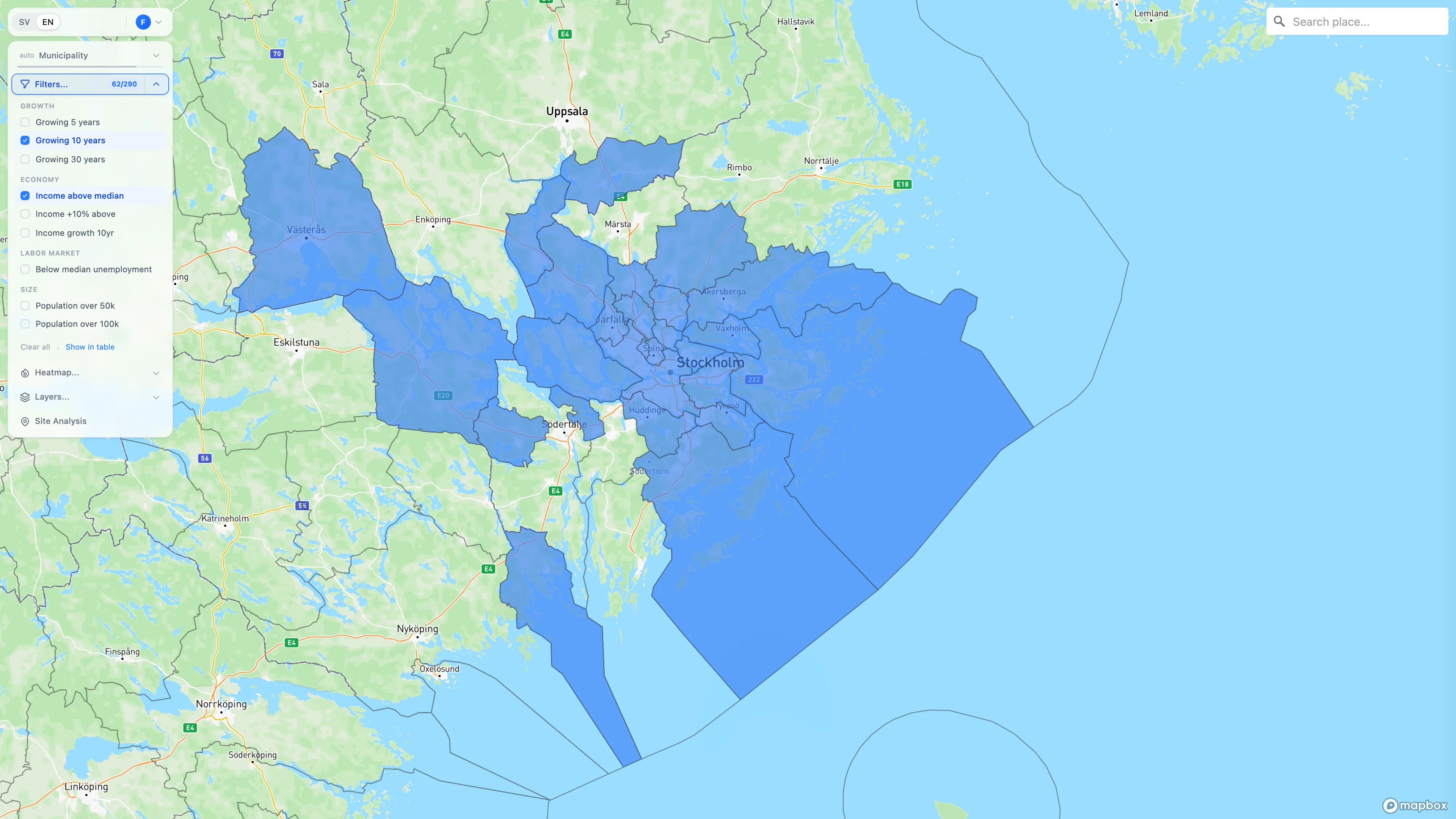 Heatmap of Sweden with 290 municipalities color-coded by selected metric